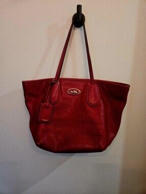 Coach Red Leather Tote with ID Tag Good Condition